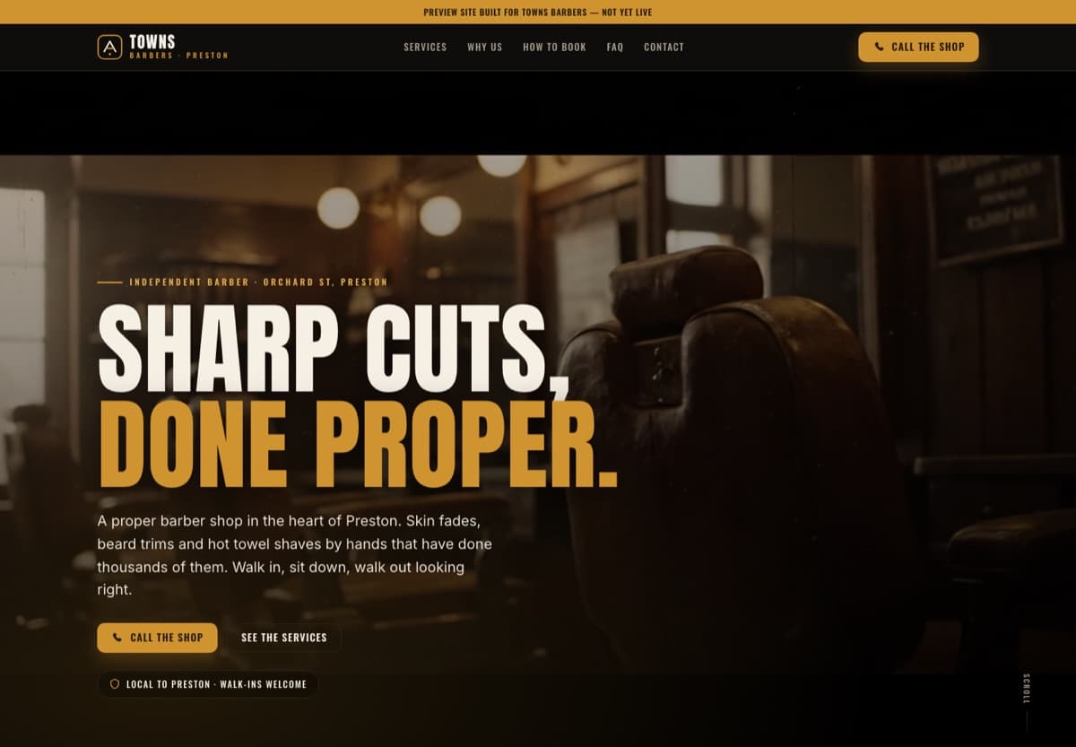 Towns Barbers website screenshot